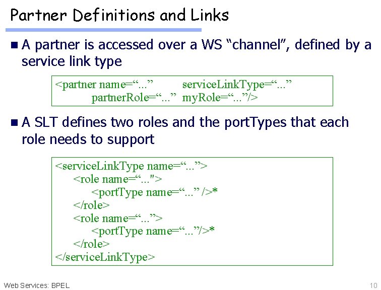 Partner Definitions and Links n. A partner is accessed over a WS “channel”, defined