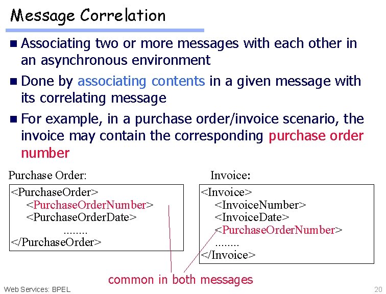 Message Correlation n Associating two or more messages with each other in an asynchronous