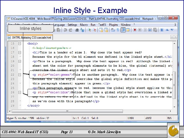 Inline Style - Example Inline styles CIS 4004: Web Based IT (CSS) Page 13