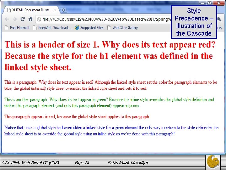 Style Precedence – Illustration of the Cascade CIS 4004: Web Based IT (CSS) Page