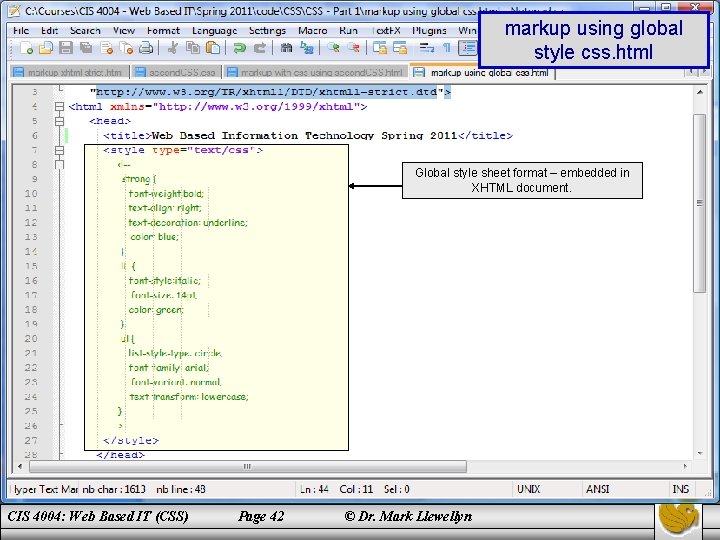 markup using global style css. html Global style sheet format – embedded in XHTML