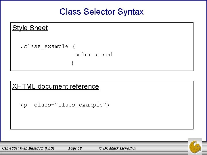 Class Selector Syntax Style Sheet. class_example { color : red } XHTML document reference