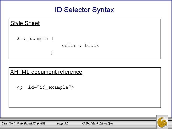 ID Selector Syntax Style Sheet #id_example { color : black } XHTML document reference