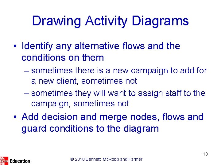 Drawing Activity Diagrams • Identify any alternative flows and the conditions on them –