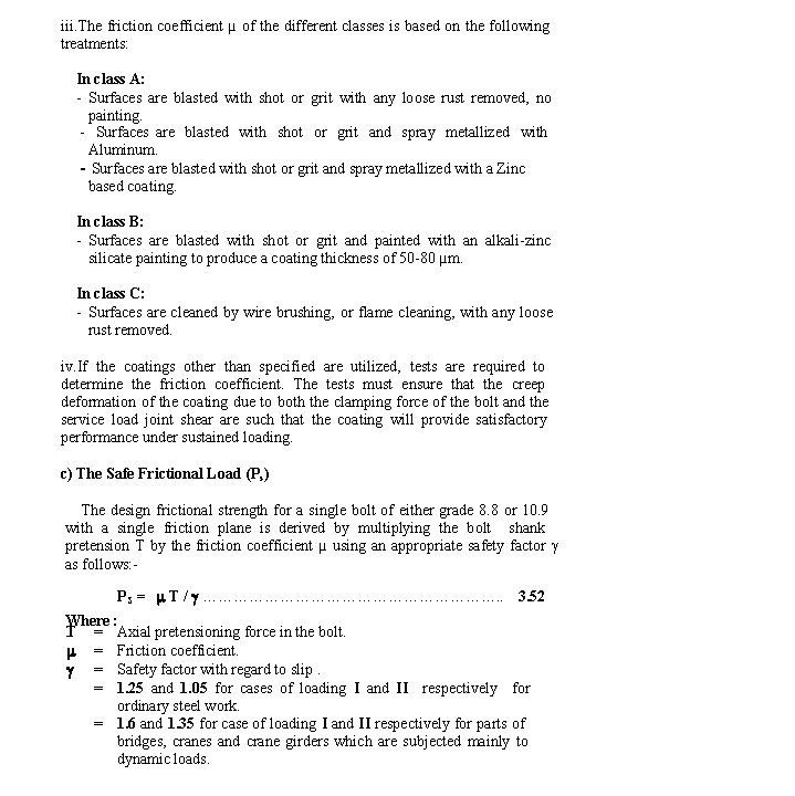 iii. The friction coefficient µ of the different classes is based on the following