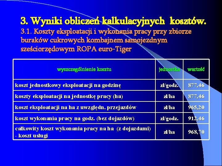 3. Wyniki obliczeń kalkulacyjnych kosztów. 3. 1. Koszty eksploatacji i wykonania pracy przy zbiorze