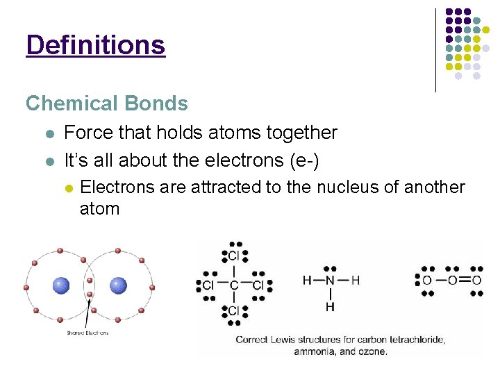 Definitions Chemical Bonds l l Force that holds atoms together It’s all about the