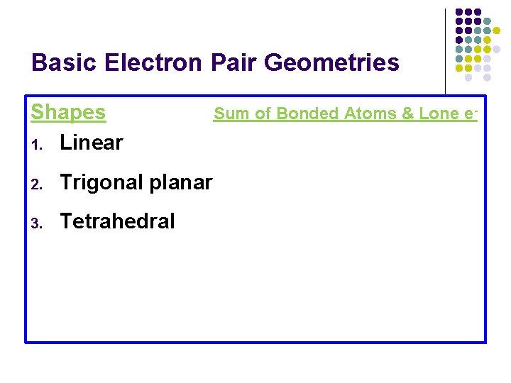 Basic Electron Pair Geometries Shapes 1. Linear 2. Trigonal planar 3. Tetrahedral Sum of