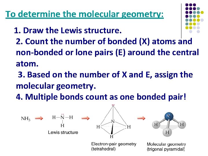 To determine the molecular geometry: 1. Draw the Lewis structure. 2. Count the number