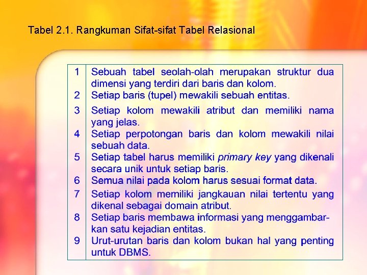 Tabel 2. 1. Rangkuman Sifat-sifat Tabel Relasional Tabel 2. 1. Rangkuman Sifat-sifat Tabel Relasional