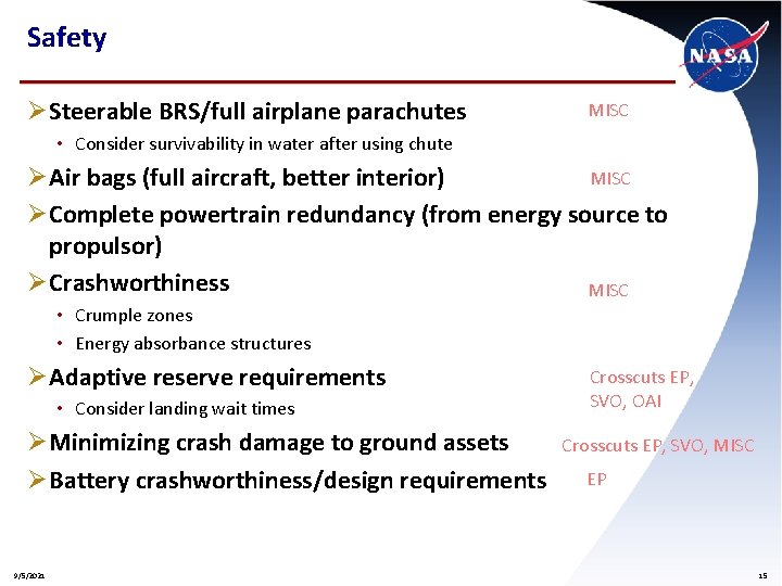 Safety Ø Steerable BRS/full airplane parachutes MISC • Consider survivability in water after using