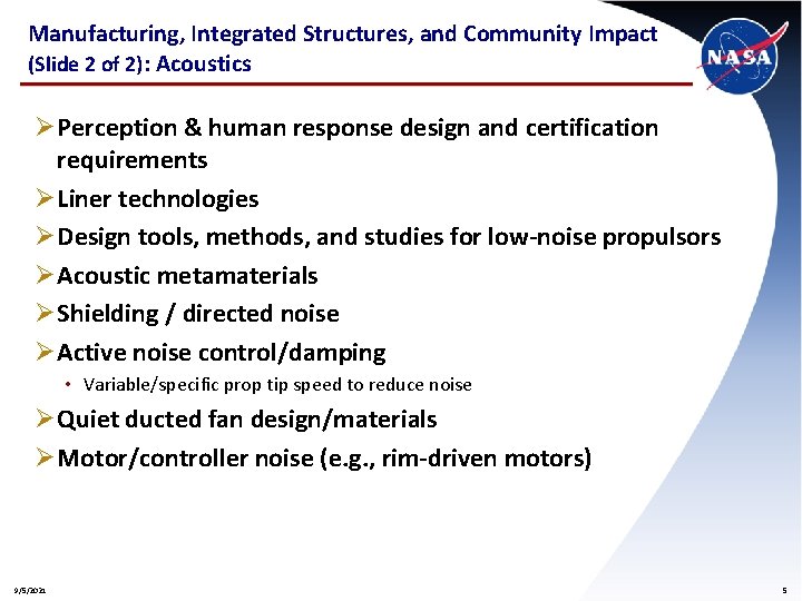Manufacturing, Integrated Structures, and Community Impact (Slide 2 of 2): Acoustics Ø Perception &