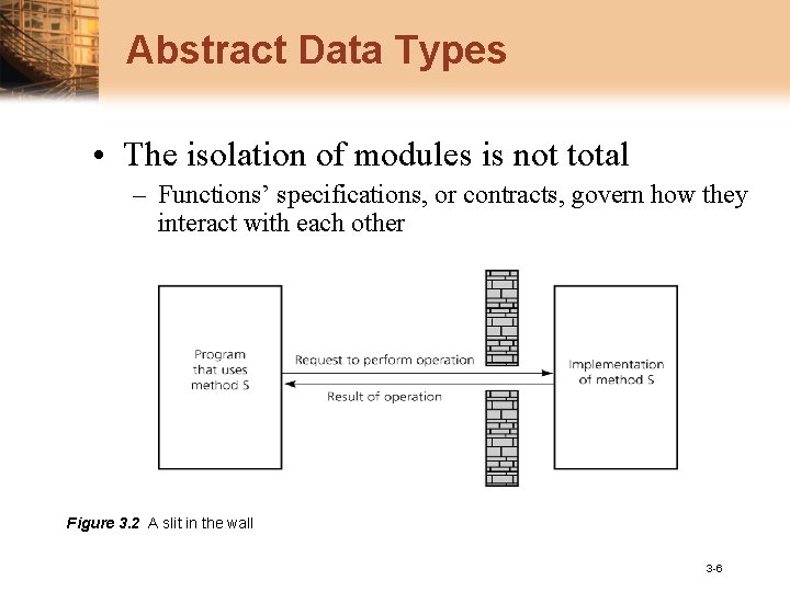 Abstract Data Types • The isolation of modules is not total – Functions’ specifications,