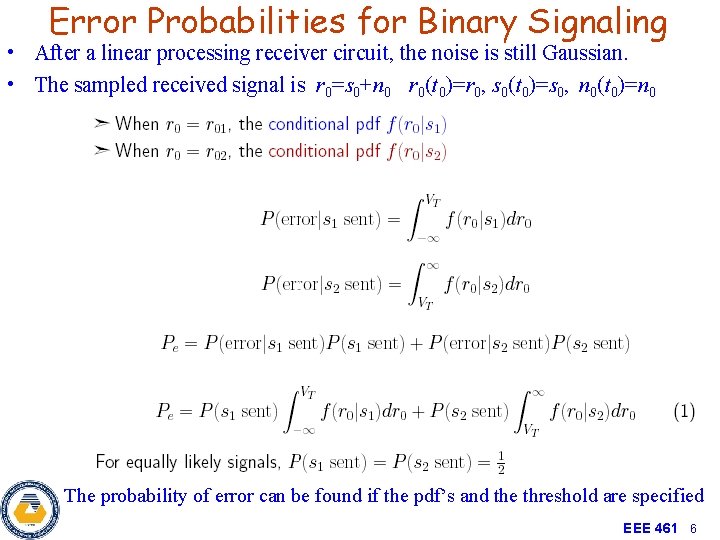 Error Probabilities for Binary Signaling • After a linear processing receiver circuit, the noise