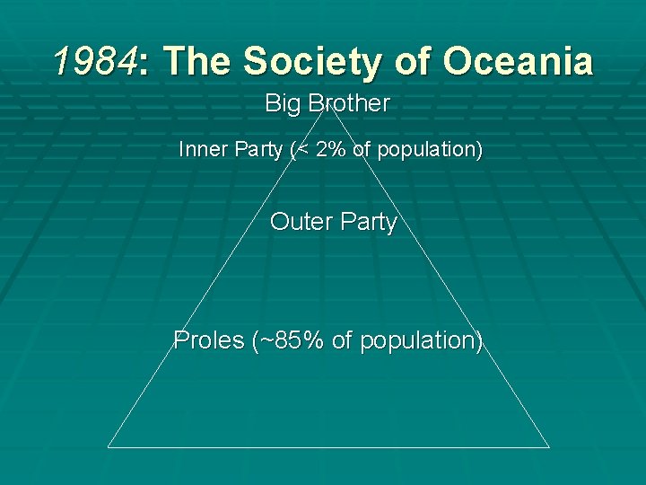 1984: The Society of Oceania Big Brother Inner Party (< 2% of population) Outer