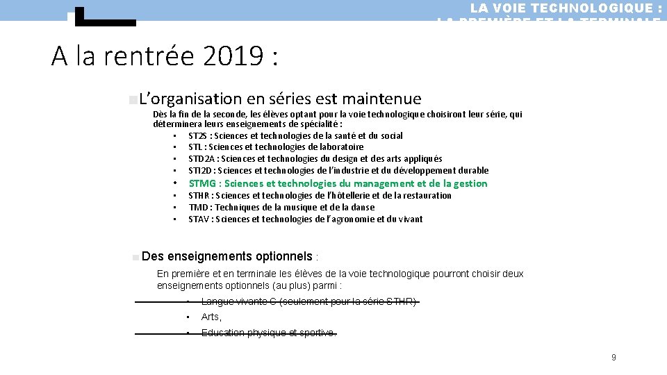 LA VOIE TECHNOLOGIQUE : LA PREMIÈRE ET LA TERMINALE A la rentrée 2019 :