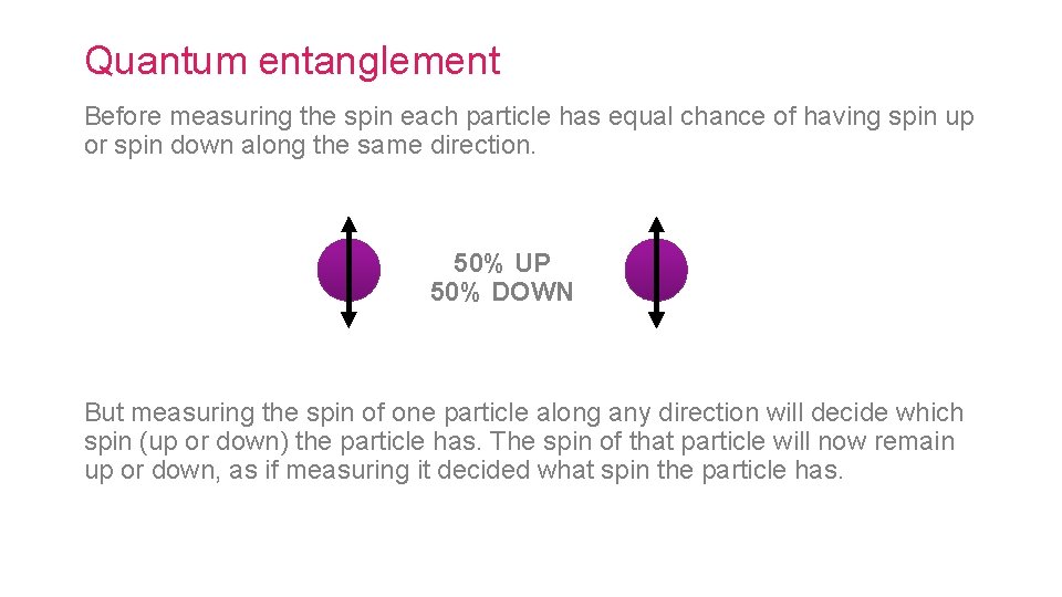 Quantum entanglement Before measuring the spin each particle has equal chance of having spin