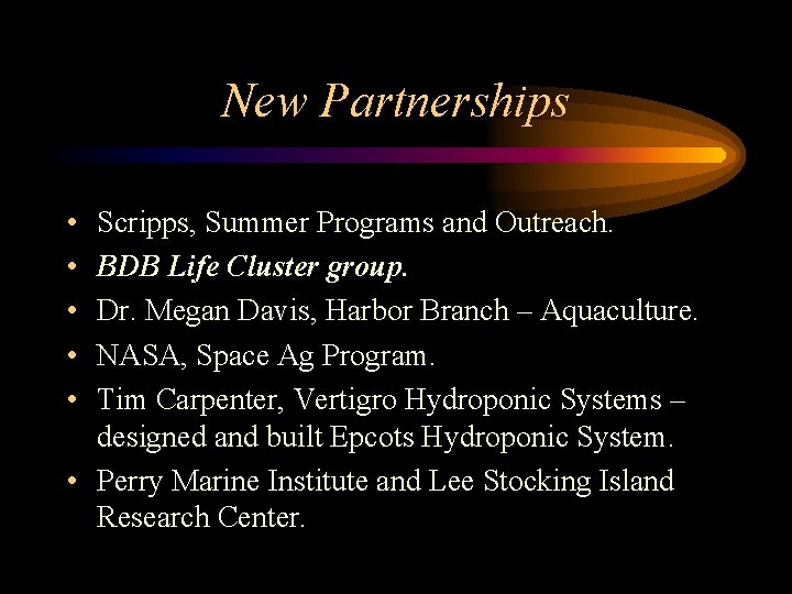 New Partnerships • • • Scripps, Summer Programs and Outreach. BDB Life Cluster group.