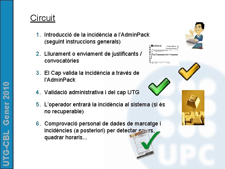 Circuit 1. Introducció de la incidència a l’Admin. Pack (seguint instruccions generals) UTG-CBL Gener