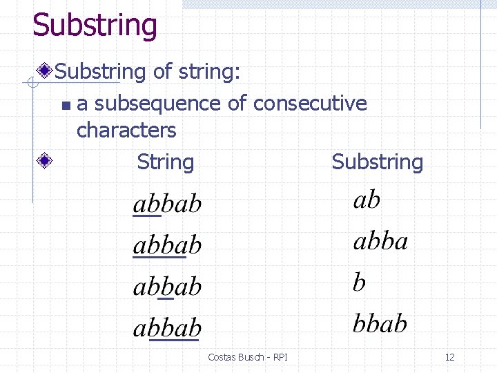 Substring of string: n a subsequence of consecutive characters String Substring Costas Busch -