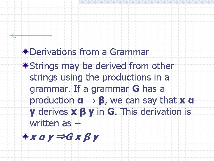 Derivations from a Grammar Strings may be derived from other strings using the productions