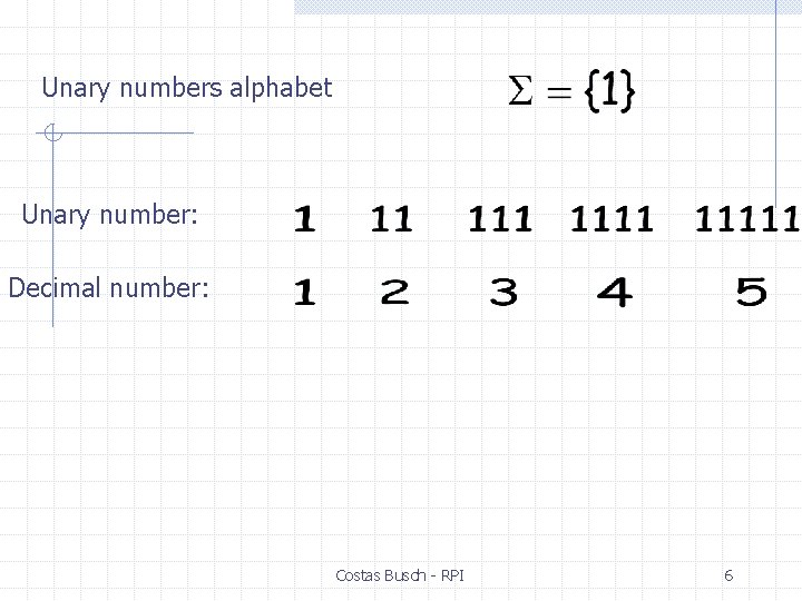 Unary numbers alphabet Unary number: Decimal number: Costas Busch - RPI 6 