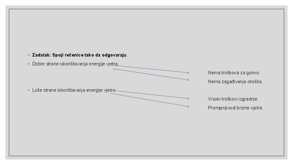 ◦ Zadatak: Spoji rečenice tako da odgovaraju. ◦ Dobre strane iskorištavanja energije vjetra: Nema