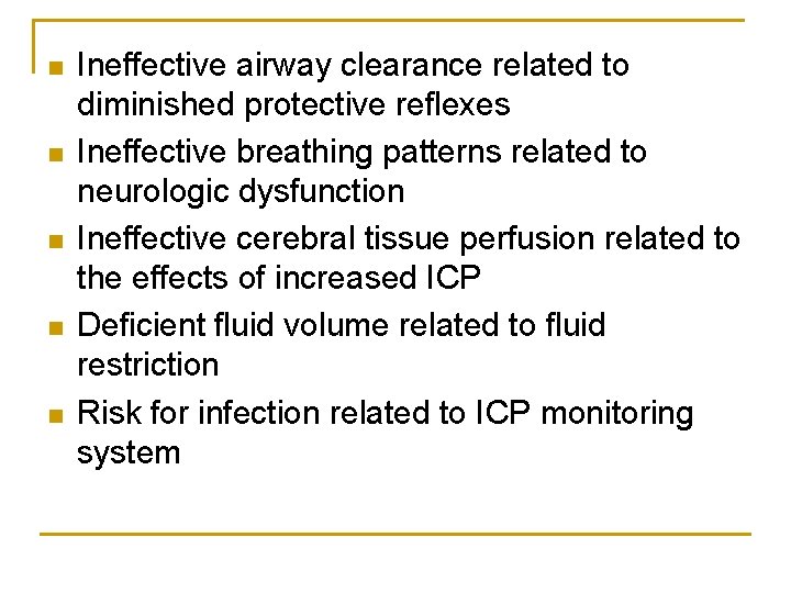 n n n Ineffective airway clearance related to diminished protective reflexes Ineffective breathing patterns