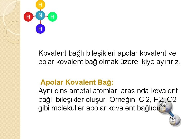 H H N H H Kovalent bağlı bileşikleri apolar kovalent ve polar kovalent bağ