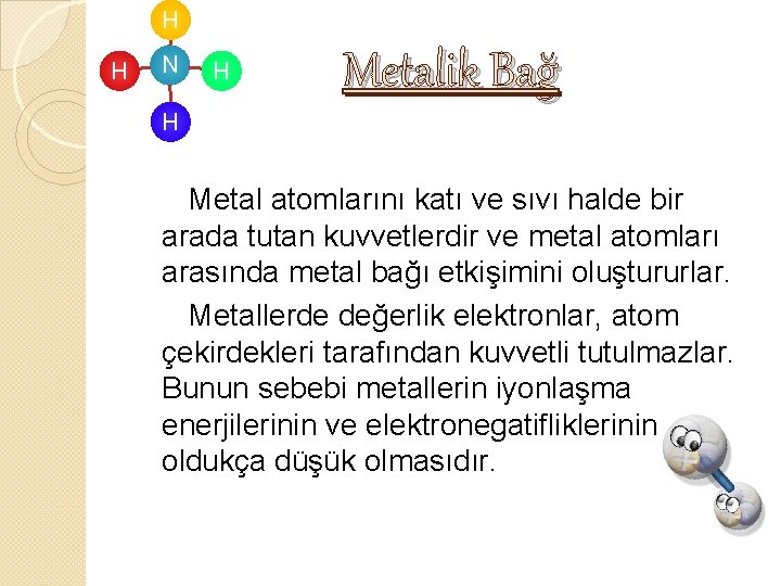 H H N H Metalik Bağ H Metal atomlarını katı ve sıvı halde bir