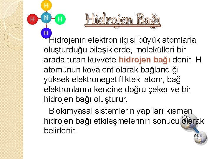 H H N H H Hidrojen Bağı Hidrojenin elektron ilgisi büyük atomlarla oluşturduğu bileşiklerde,