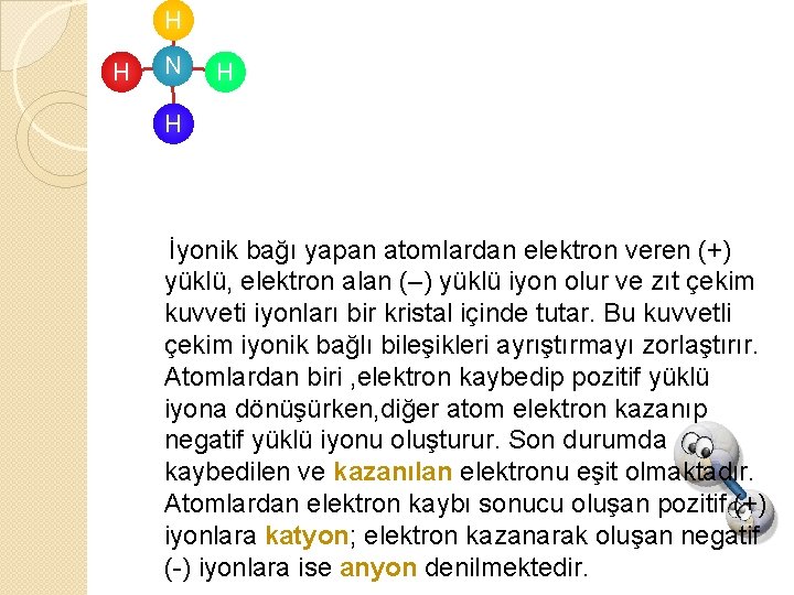 H H N H H İyonik bağı yapan atomlardan elektron veren (+) yüklü, elektron