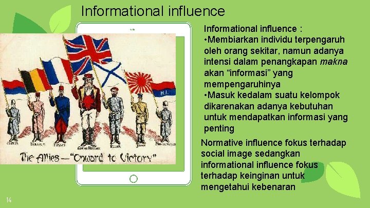 Informational influence Place your screenshot here Informational influence : • Membiarkan individu terpengaruh oleh