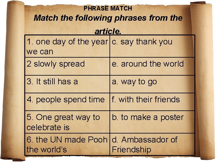 PHRASE MATCH Match the following phrases from the article. 1. one day of the