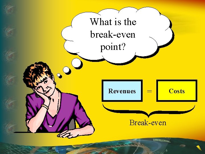 What is the break-even point? Revenues = Break-even Costs 