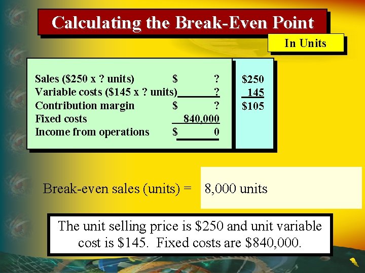 Calculating the Break-Even Point In Units Sales ($250 x ? units) $ ? Variable