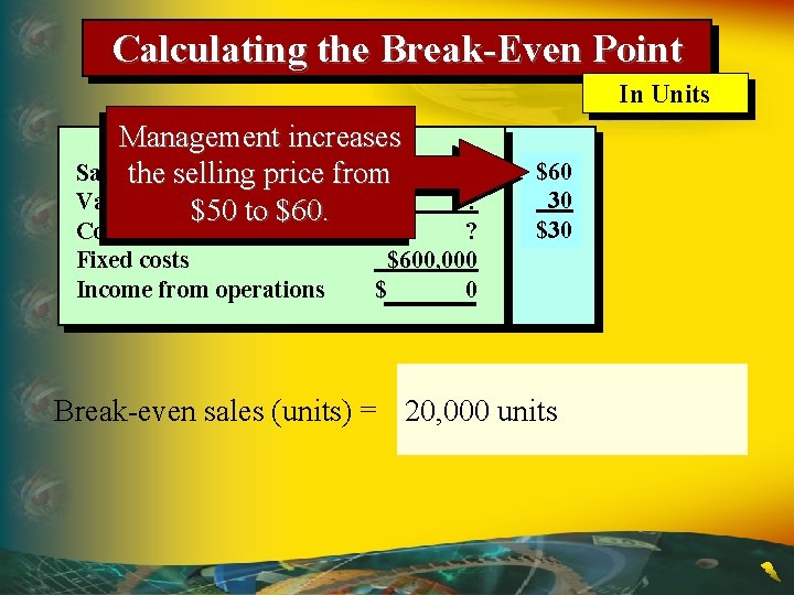 Calculating the Break-Even Point In Units Management increases Salesthe selling price from $ Variable