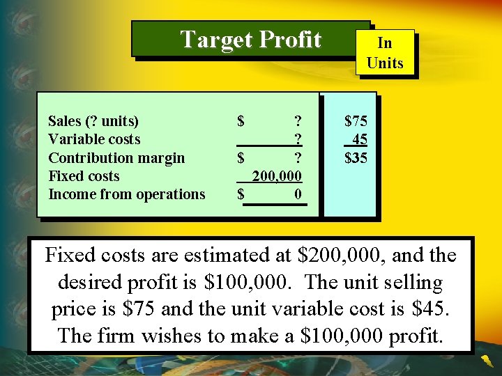 Target Profit Sales (? units) Variable costs Contribution margin Fixed costs Income from operations