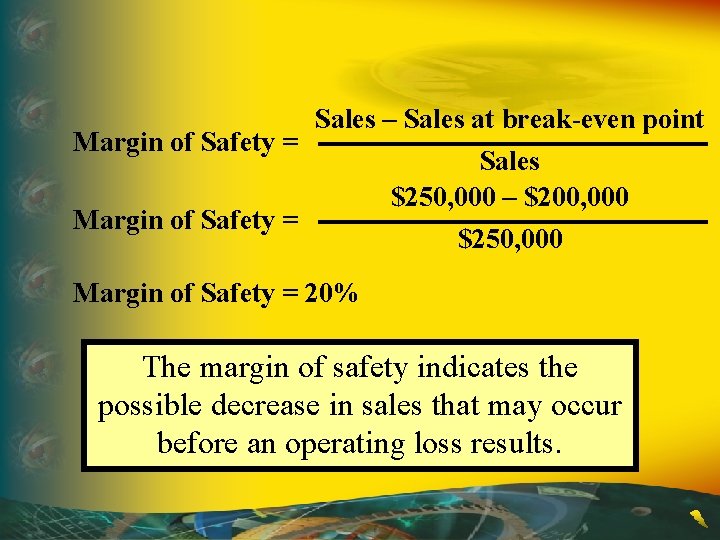 Margin of Safety = Sales – Sales at break-even point Margin of Safety =