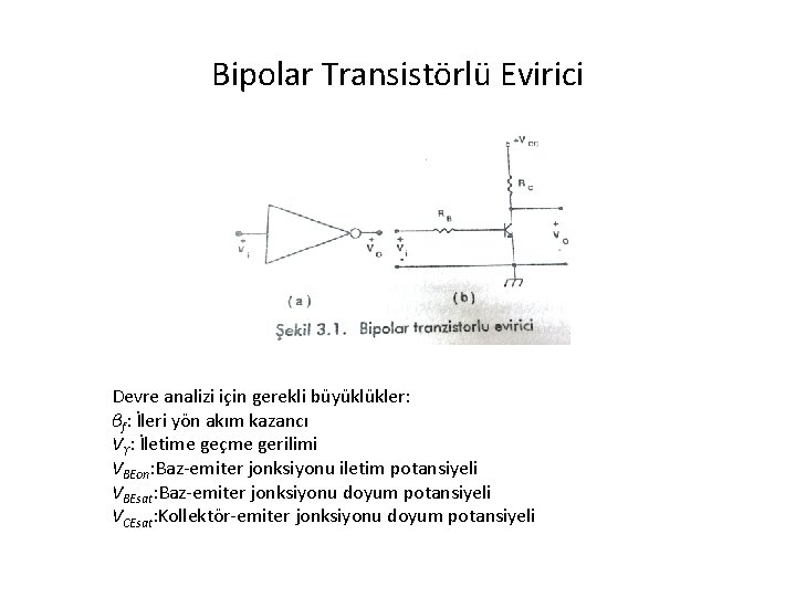 Bipolar Transistörlü Evirici Devre analizi için gerekli büyüklükler: βf: İleri yön akım kazancı Vϒ: