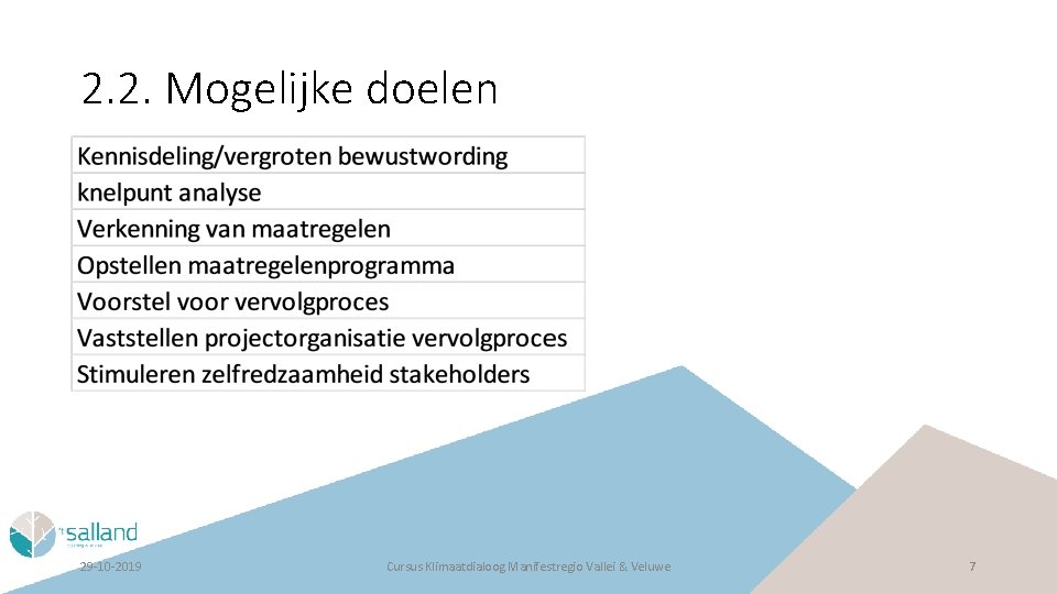 2. 2. Mogelijke doelen 29 -10 -2019 Cursus Klimaatdialoog Manifestregio Vallei & Veluwe 7