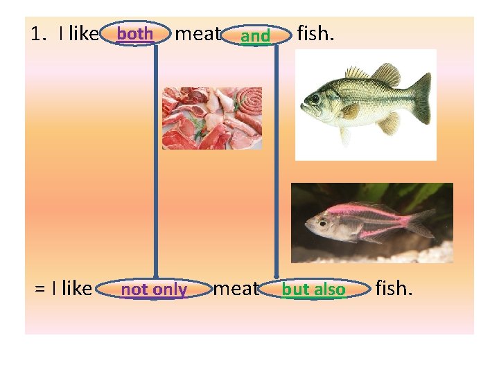 1. I like both meat and = I like not only fish. meat but