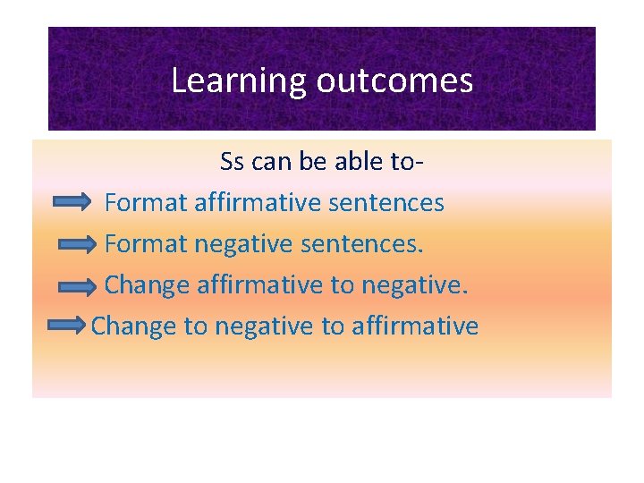 Learning outcomes Ss can be able to. Format affirmative sentences Format negative sentences. Change