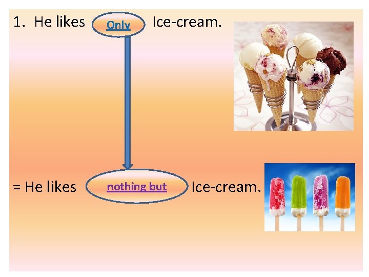 1. He likes Only = He likes nothing but Ice-cream. 