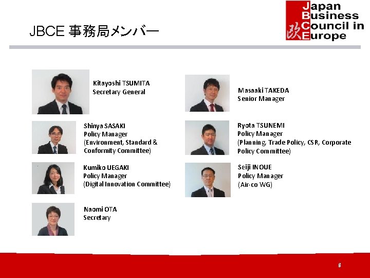 JBCE 事務局メンバー Kitayoshi TSUMITA Secretary General Masaaki TAKEDA Senior Manager Shinya SASAKI Policy Manager