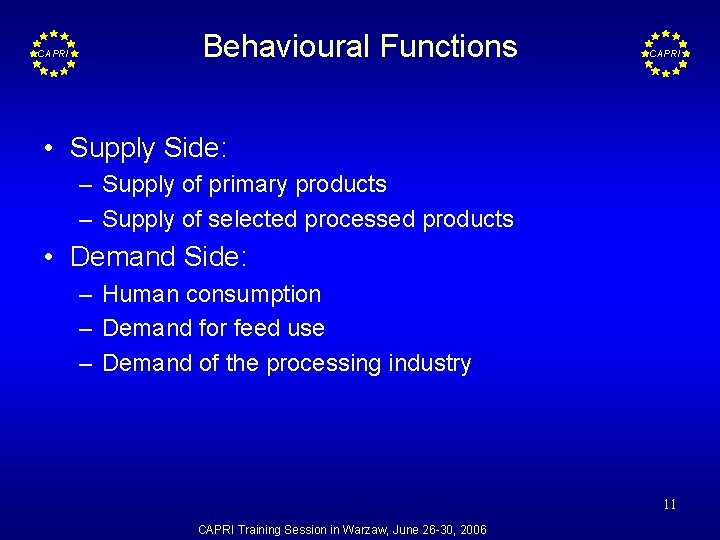 CAPRI Behavioural Functions CAPRI • Supply Side: – Supply of primary products – Supply