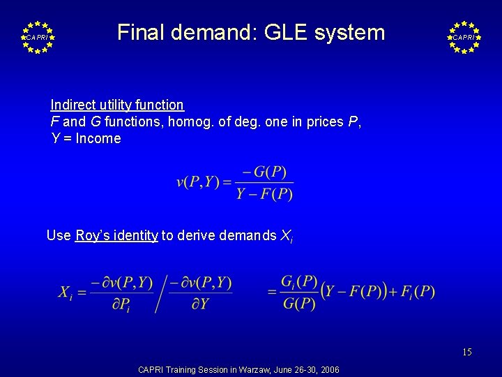 CAPRI Final demand: GLE system CAPRI Indirect utility function F and G functions, homog.