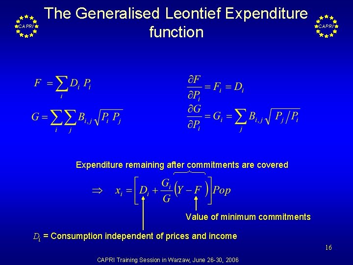 CAPRI The Generalised Leontief Expenditure function CAPRI Expenditure remaining after commitments are covered Value