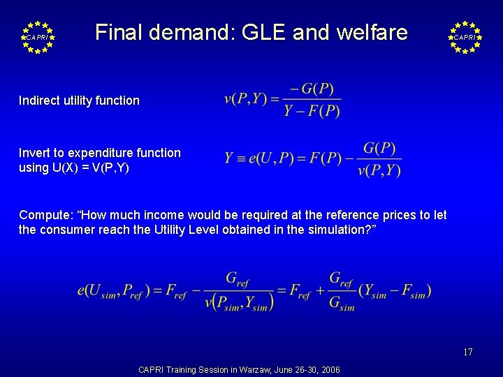 CAPRI Final demand: GLE and welfare CAPRI Indirect utility function Invert to expenditure function