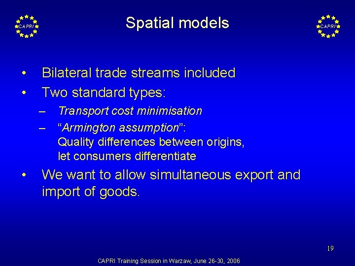 CAPRI • • Spatial models CAPRI Bilateral trade streams included Two standard types: –